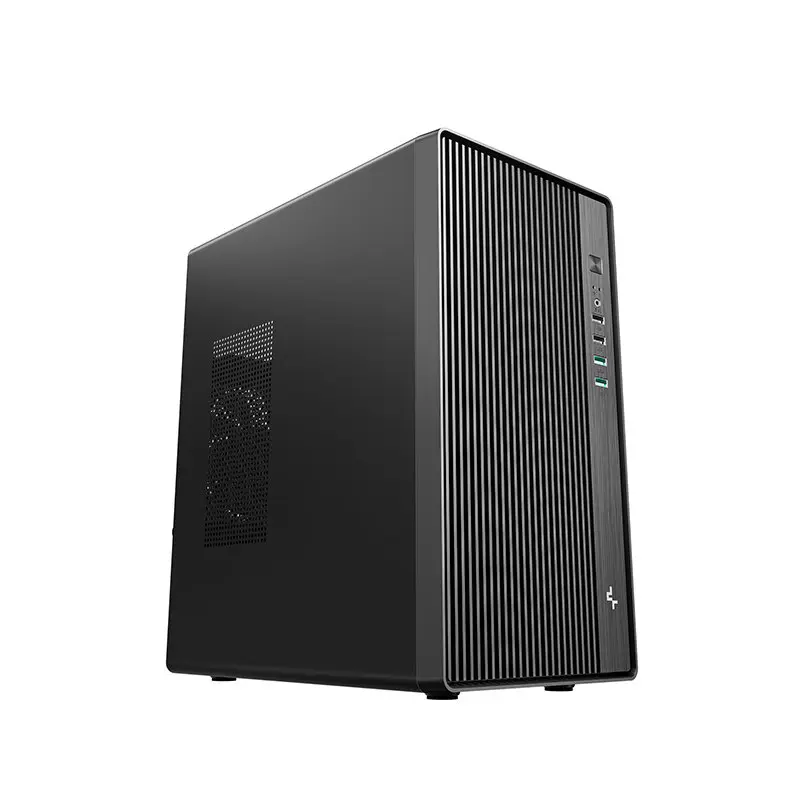 Black mid-tower desktop PC case with a vertically vented front panel and USB ports on the right side.