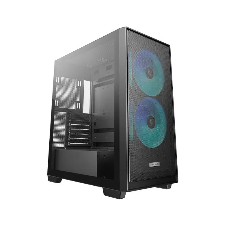 Black mid-tower PC case with a tempered-glass side panel, showing internal components and two front RGB fans.