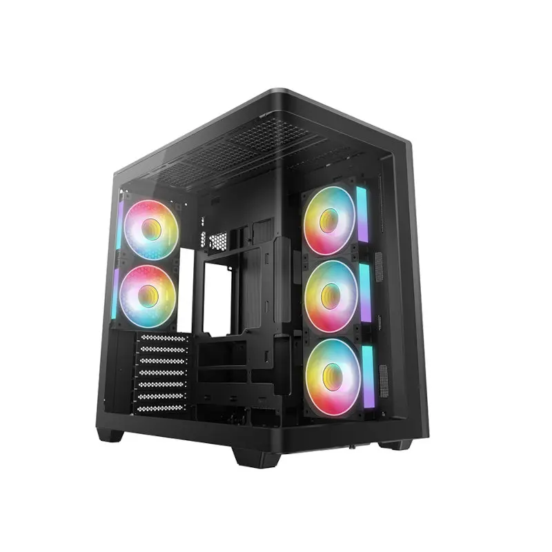 Mid-tower PC case with a tempered glass side panel and three RGB fans at the front, plus RGB lighting inside.