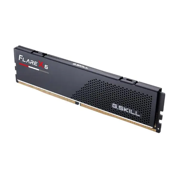 G.SKILL Flare X5 DDR4/DDR5 RAM module with gold contacts and perforated heat spreader, shown at an angle