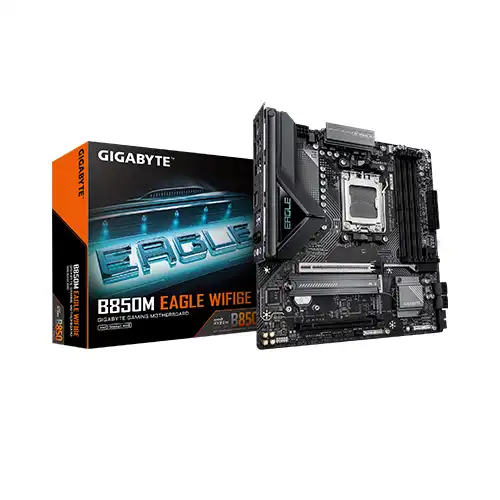 Gigabyte Eagle B850M WiFi motherboard with boxed packaging, black PCB, CPU socket, and PCIe slots visible.