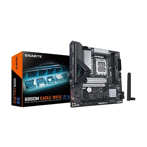 Gigabyte B860M Eagle WiFi motherboard displayed with its orange-and-black packaging and a wireless antenna.