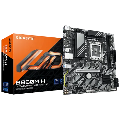 Gigabyte B860M H ultra-durable motherboard with orange boxed packaging in the background.
