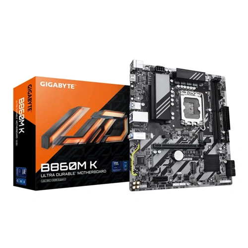 Gigabyte B560M K ultra durable motherboard displayed beside its orange box packaging.