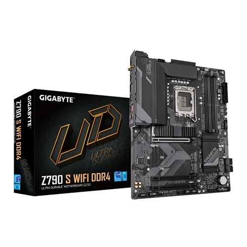 Gigabyte Z790S WiFi DDR4 motherboard with its packaging box beside it on a white background.