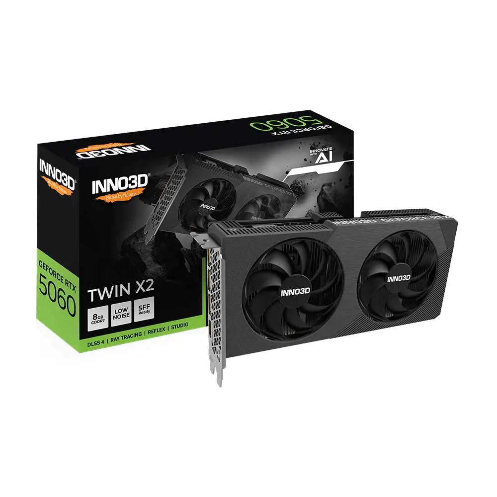 INNO3D Twin X2 GeForce RTX 5060 graphics card with dual fans beside its black box packaging.