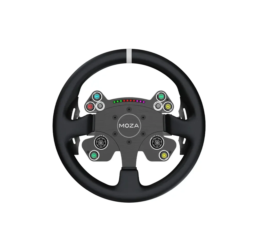 MOZA racing steering wheel with colorful LED indicators, used for driving simulation games.