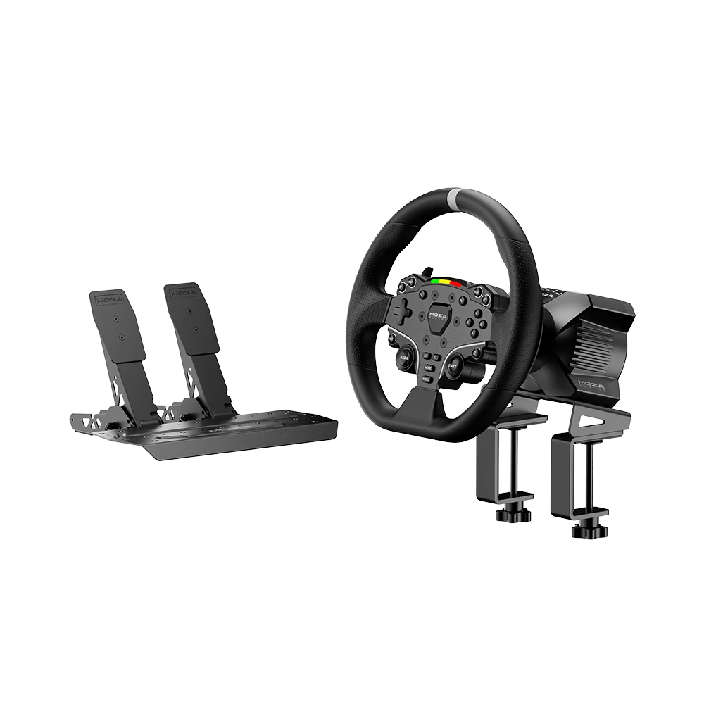 MOZA sim racing wheel with pedal set and desk mount, shown on white background