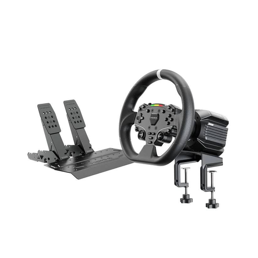 Racing simulator wheel with dual pedals and a clamp-on mounting base for PC or console play.