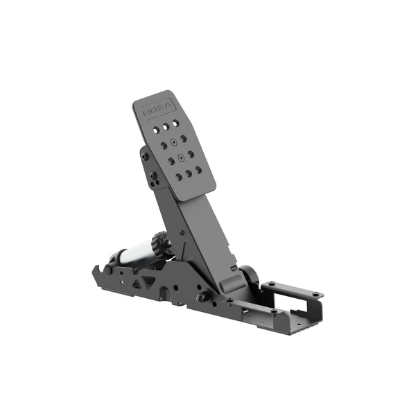 Sim racing pedal box with adjustable brake and accelerator pedals on a metal frame
