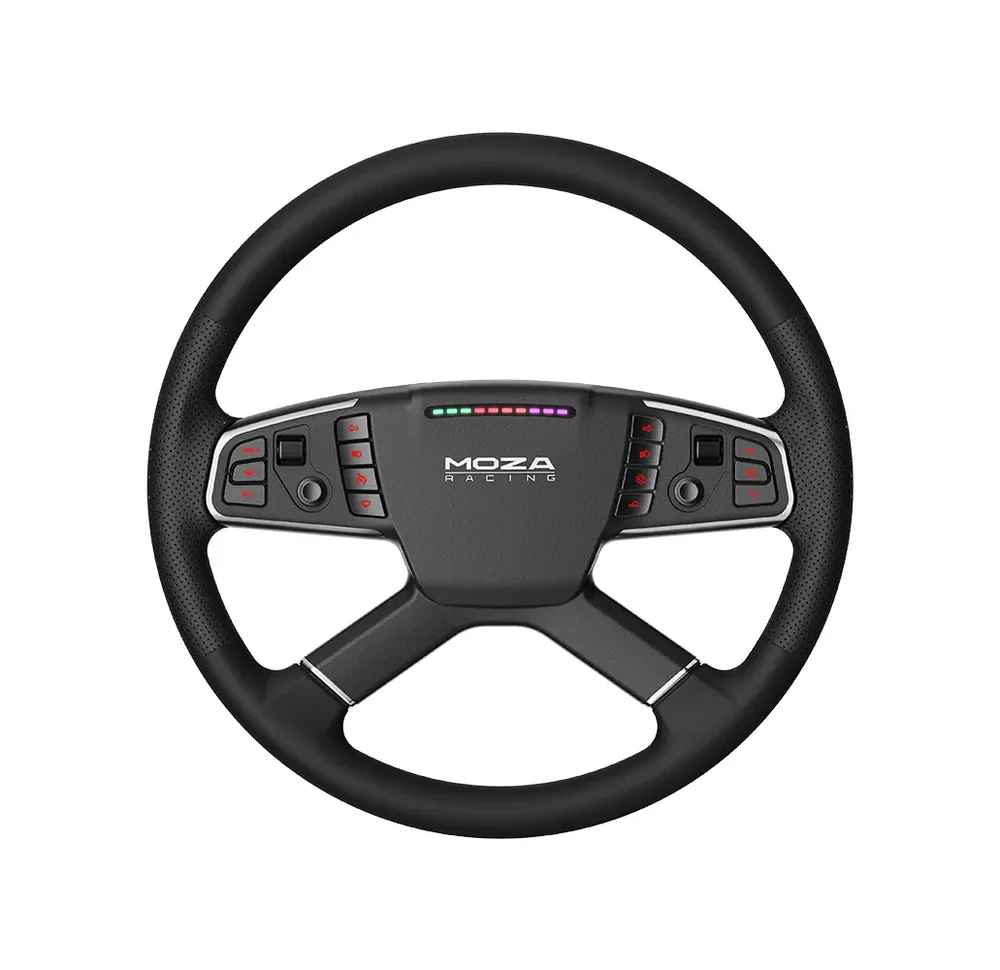 Racing-style steering wheel controller with multiple buttons and an LED indicator strip in the center, MOZA Racing logo visible.