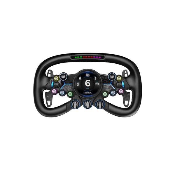 Gaming steering wheel controller for racing games with a central display and colorful buttons on a black wheel.