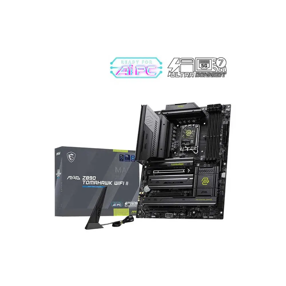 MSI MAG Z390 Tomahawk WiFi II motherboard with wireless antenna and box shown from an angled view.