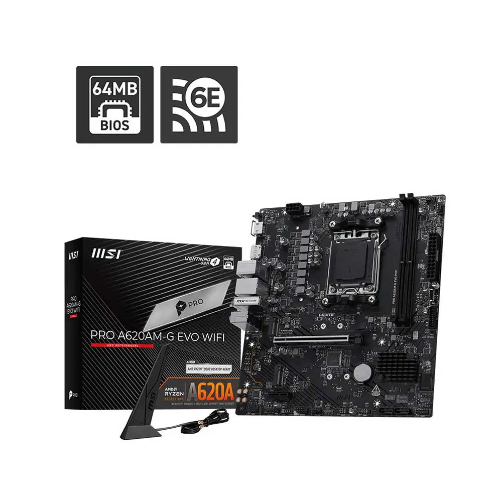 MSI PRO A620AM-G EVO WIFI motherboard with box and wireless antenna included, ready for AMD Ryzen builds