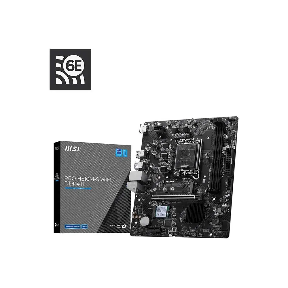 MSI Pro H610M-S WIFI DDR4 motherboard with its retail box, shown at an angle in front of the board edge-to-edge.