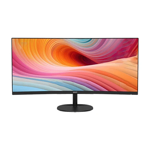 Widescreen black computer monitor on a circular stand displaying a vibrant abstract wallpaper with orange, pink, and blue swirls.