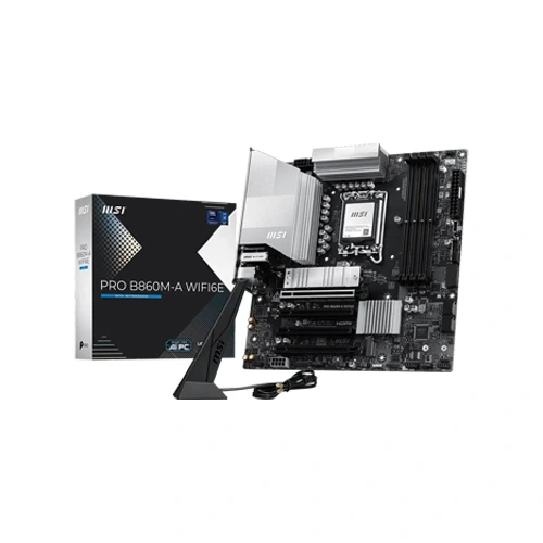MSI PRO B560M-A WIFI6E micro-ATX motherboard shown with antennas and box packaging.