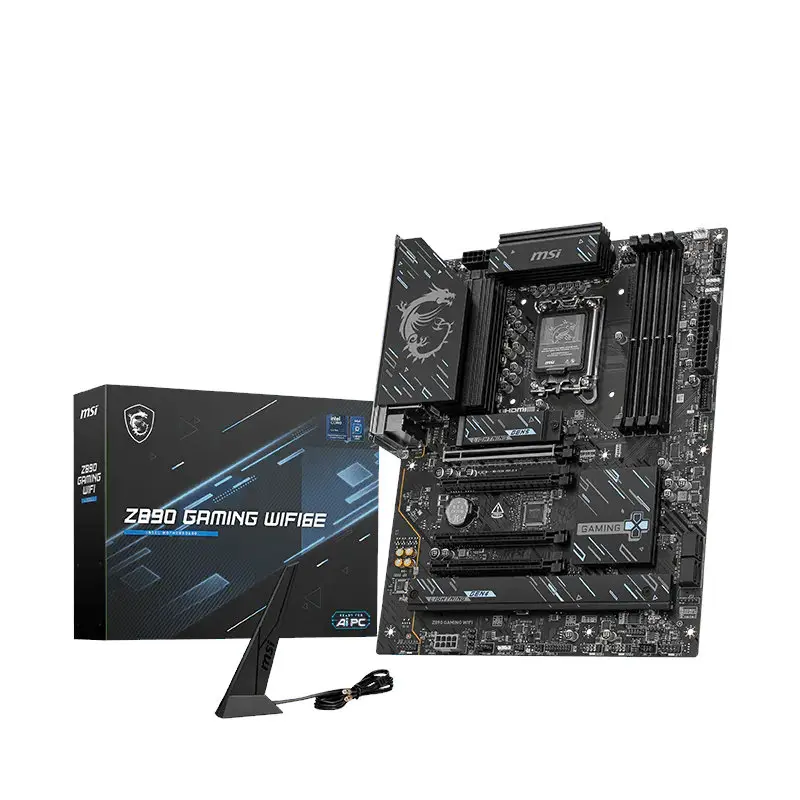 MSI Z590 Gaming WiFi motherboard with accompanying boxed box and a stand-alone I/O cover on the left, angled for display.