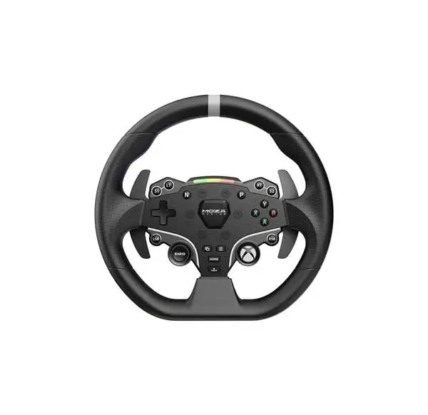 Black racing wheel game controller with multiple buttons and paddle shifters on the sides for console racing games.