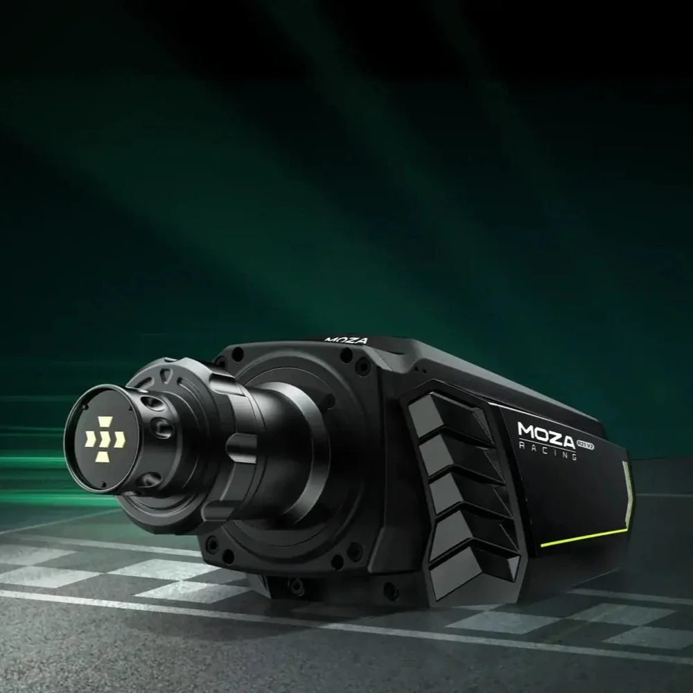 MOZA Racing drive unit or motion hardware on a race track, black angular device with branding visible on the side.