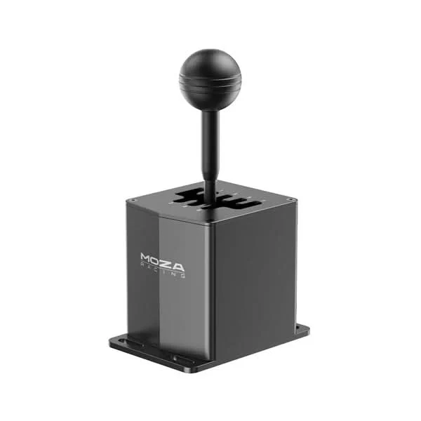 MOZA Racing gear shifter with a black spherical knob mounted on a compact gray base used for sim racing gear.