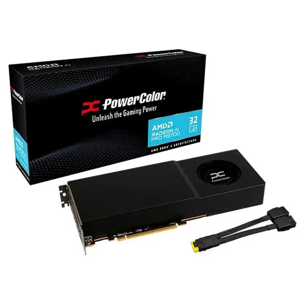 PowerColor graphics card with its black box packaging and a PCIe power cable beside it.
