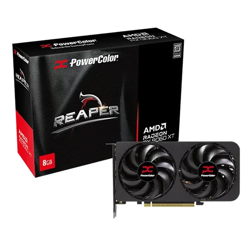 PowerColor Reaper graphics card with dual cooling fans beside the black 8GB box.