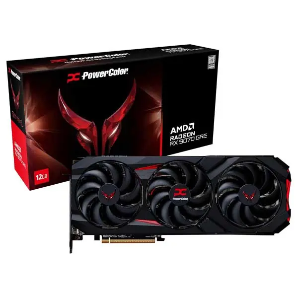PowerColor AMD Radeon RX 6700/5700-series graphics card with three cooling fans shown beside its black red box boxart.