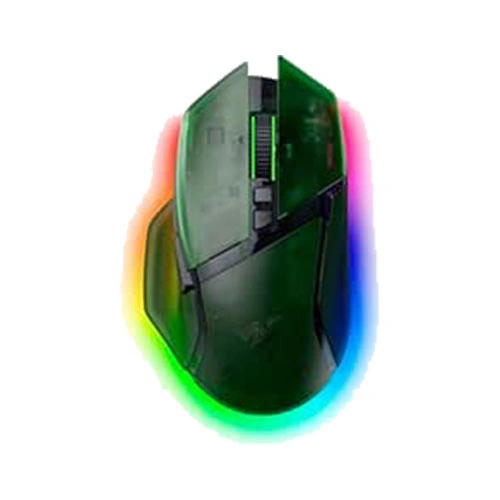 Gaming mouse with RGB lighting glow around the edges, viewed from above.