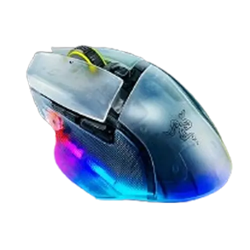 RGB-lit gaming mouse on a white background with blue and purple LEDs
