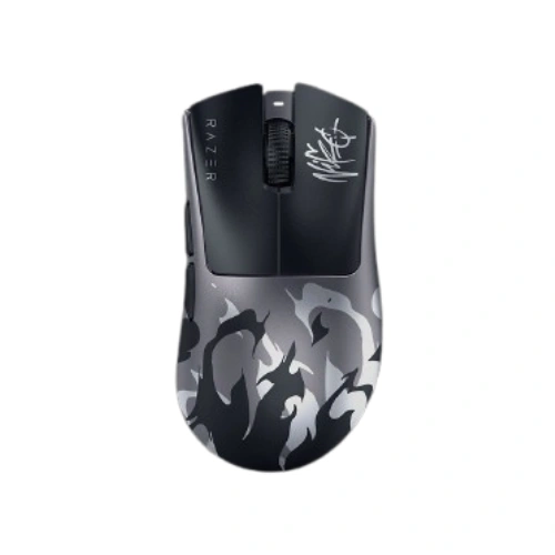 Razer gaming mouse with a gray-black flame pattern and side buttons.