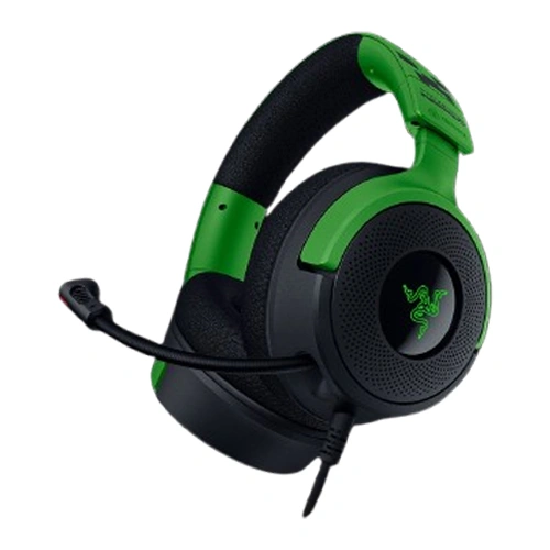 Green and black over-ear gaming headset with a built-in microphone and padded ear cups