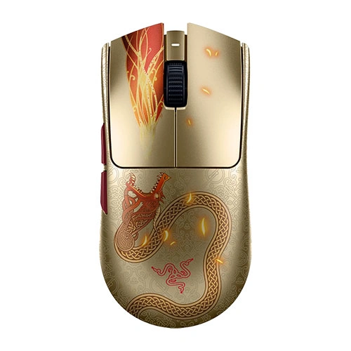Gold gaming mouse with dragon motif and orange flame design on a light gold body.