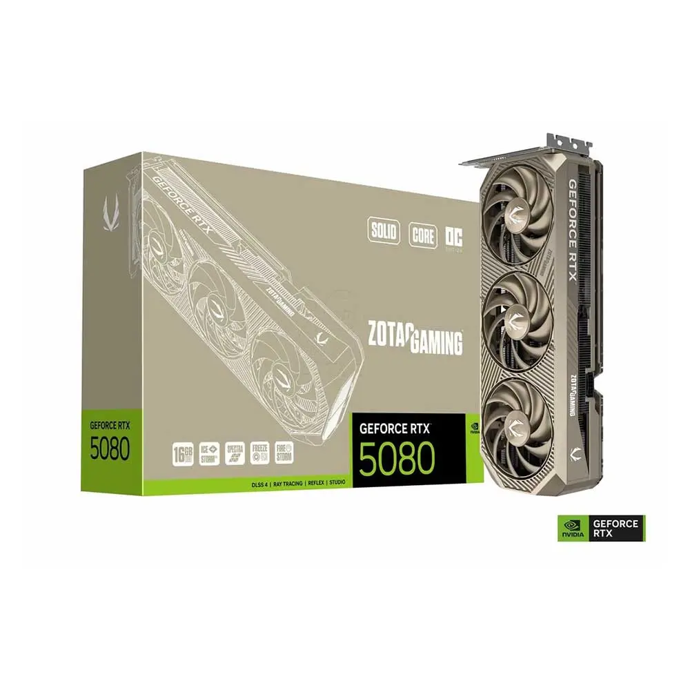 GeForce RTX 5080 graphics card in a Zotac Gaming box, with the card standing upright beside the packaging